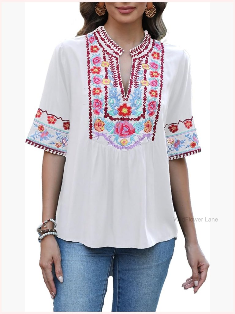 Short Sleeve Boho Peasant Blouse Floral Embroidery V-Neck